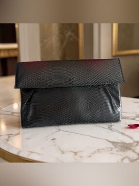 Black Textured Fold-Over Clutch Bag